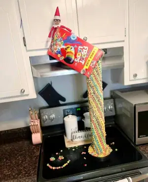Elf magically pours Fruit Loops into bowl